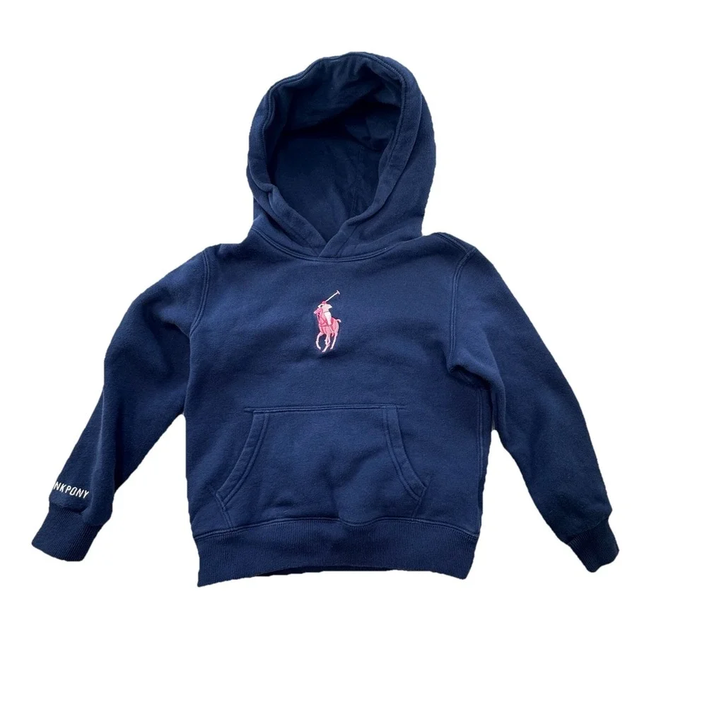 Pink Pony By Ralph Lauren Girls Navy Pink Embroidered Big Logo Hoodie‎ Size 6